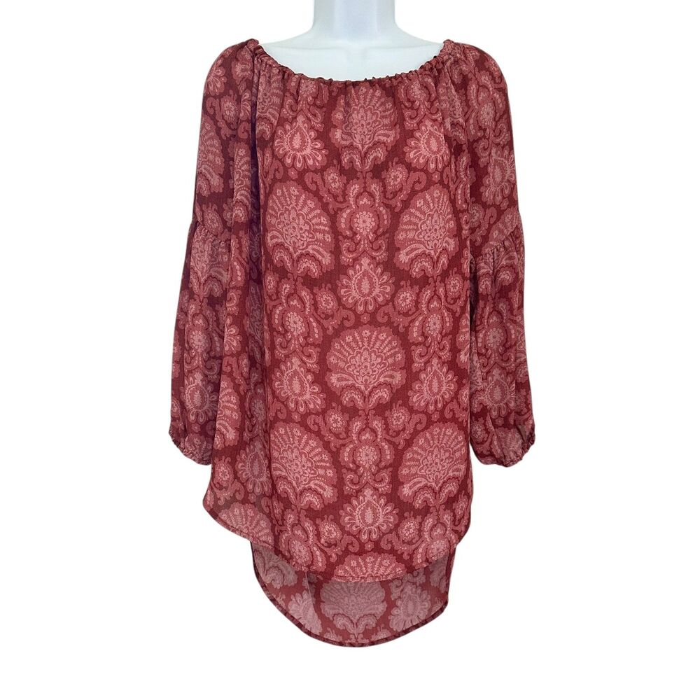 Michael Kors Paisley Burgundy Pink Scoop Neck Long Sleeve Blouse Size XL